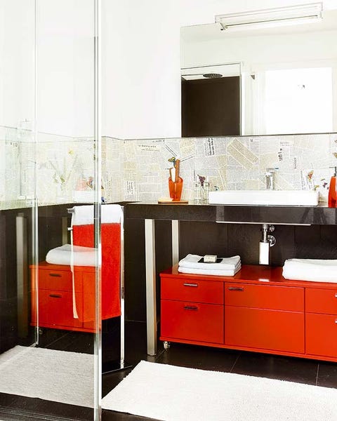 Room, Interior design, Floor, Red, Cabinetry, Plumbing fixture, Countertop, Cupboard, Wall, Interior design, 