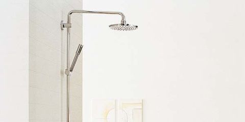 Product, Wall, Plumbing fixture, Shower head, Household supply, Bathroom accessory, Plumbing, Bathroom, Paper, Shower panel, 