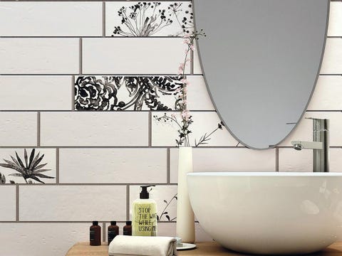 Wall, Plumbing fixture, Ceramic, Tile, Porcelain, Plumbing, Composite material, Rectangle, Black-and-white, Design, 