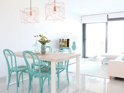 Room, Interior design, Table, Furniture, Floor, Glass, Turquoise, Teal, Dining room, Flooring, 