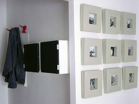 Wall, Room, Clothes hanger, Grey, Jacket, Pocket, Collection, Rectangle, Art gallery, Paint, 