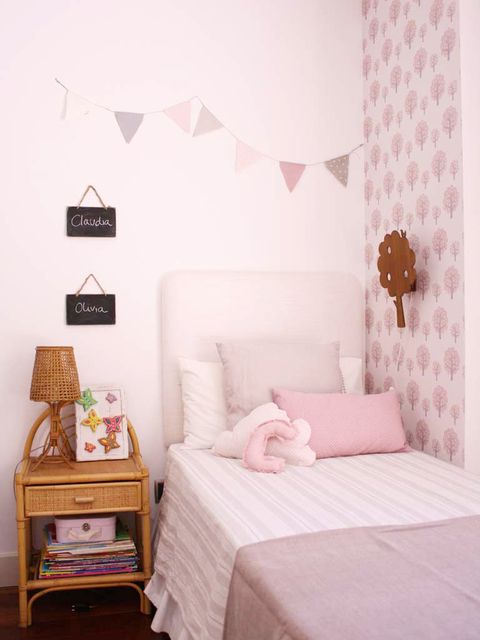 Wood, Room, Bed, Interior design, Textile, Wall, Furniture, Bedding, Bedroom, Pink, 