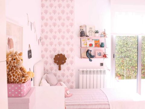 Room, Interior design, Pink, Peach, Interior design, Lavender, Toy, Bed, Bed frame, Wallpaper, 