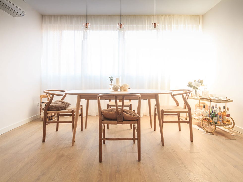 Room, Floor, Furniture, Table, Property, Interior design, Wood flooring, Flooring, Chair, Lighting, 