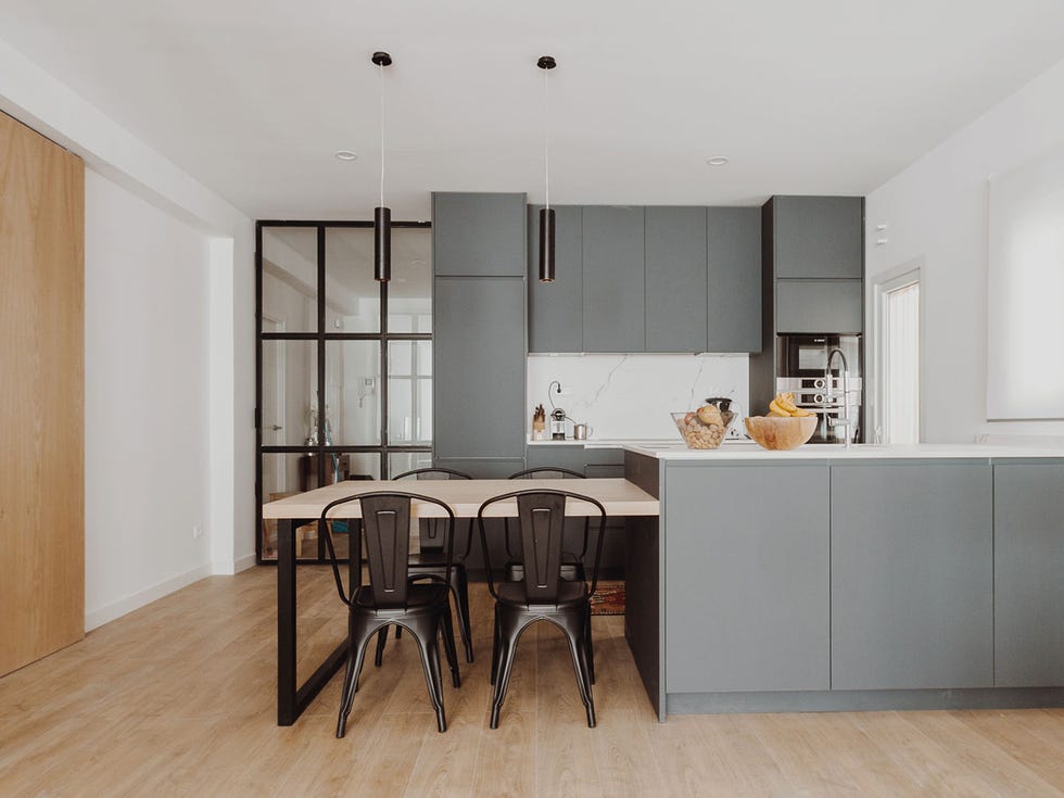 Room, Furniture, Property, Interior design, Floor, Building, Kitchen, Dining room, Ceiling, Wood flooring, 