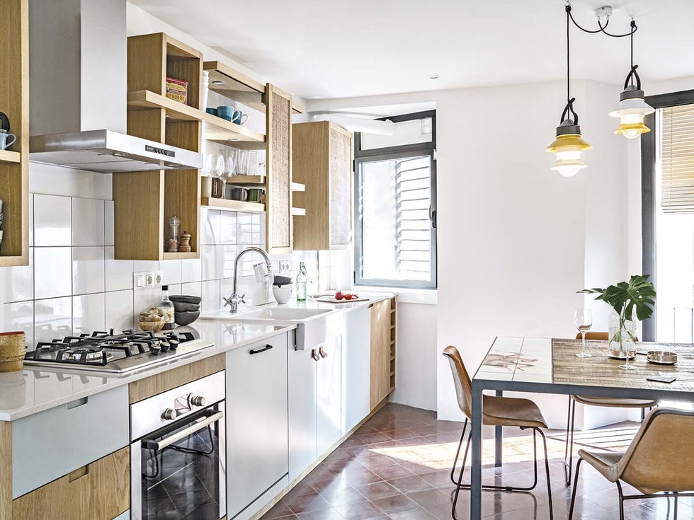 Room, Interior design, Floor, White, Flooring, Home, Furniture, Countertop, Cupboard, Kitchen, 