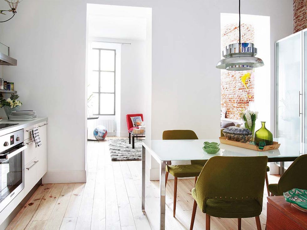 White, Room, Furniture, Green, Interior design, Property, Floor, Kitchen, Yellow, Table, 