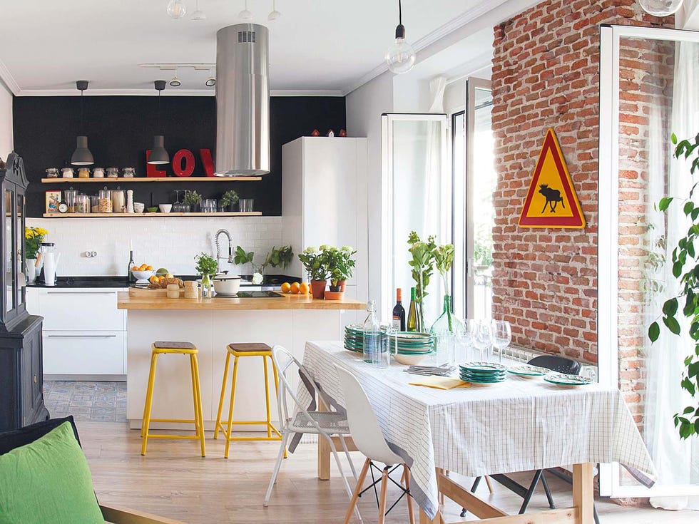 Room, Furniture, White, Interior design, Property, Kitchen, Dining room, Green, Building, Table, 