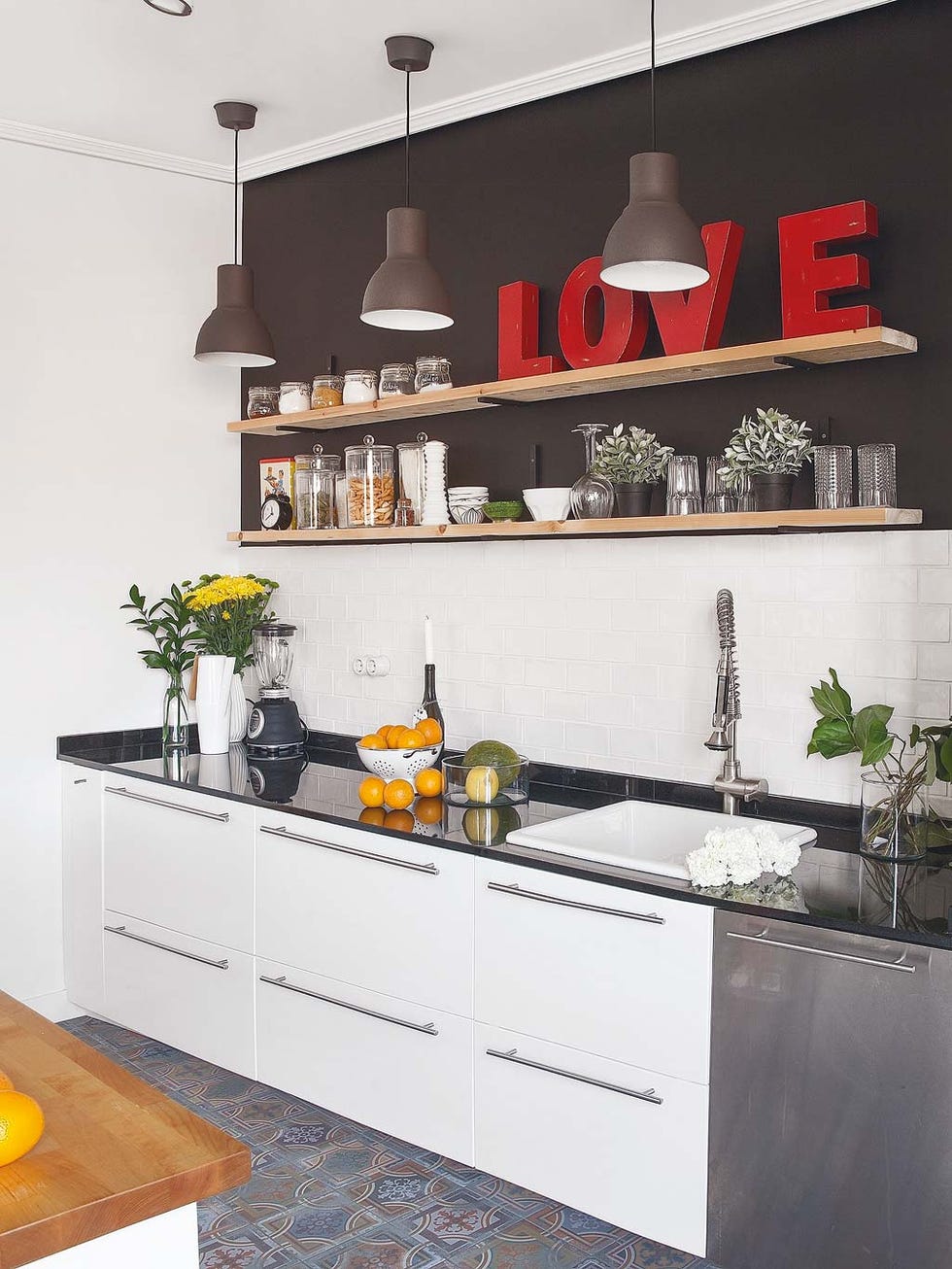 Countertop, Kitchen, White, Room, Furniture, Yellow, Property, Cabinetry, Interior design, Orange, 