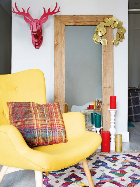Yellow, Room, Red, Furniture, Pink, Interior design, Living room, Wall, Design, Pattern, 