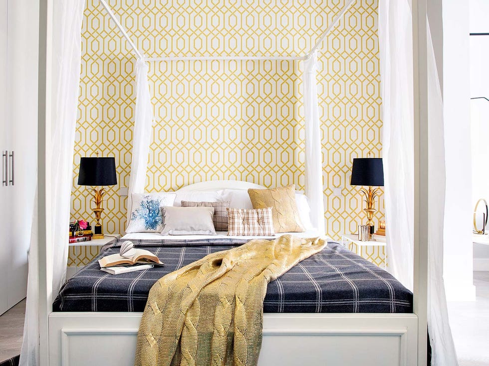 Bedroom, Furniture, Room, Bed, Interior design, Property, Wall, Bed frame, Yellow, Wallpaper, 