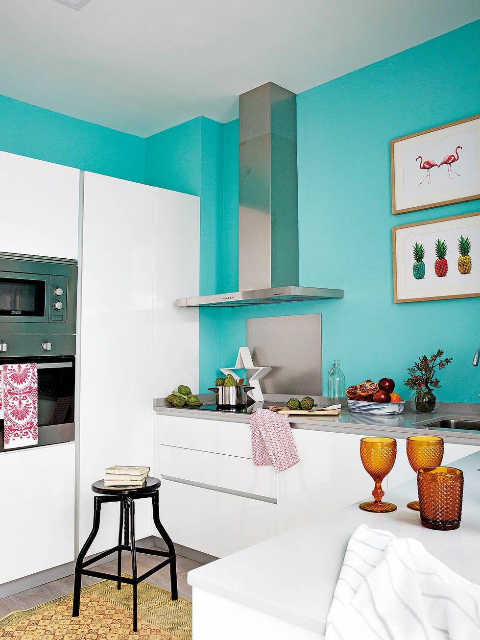 Green, Room, Furniture, Turquoise, Interior design, Blue, Property, Yellow, Kitchen, Table, 