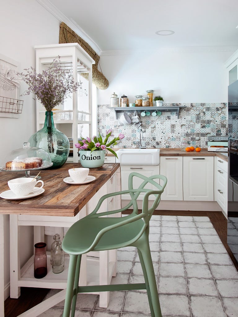 Green, White, Room, Furniture, Interior design, Property, Kitchen, Floor, Table, Countertop, 