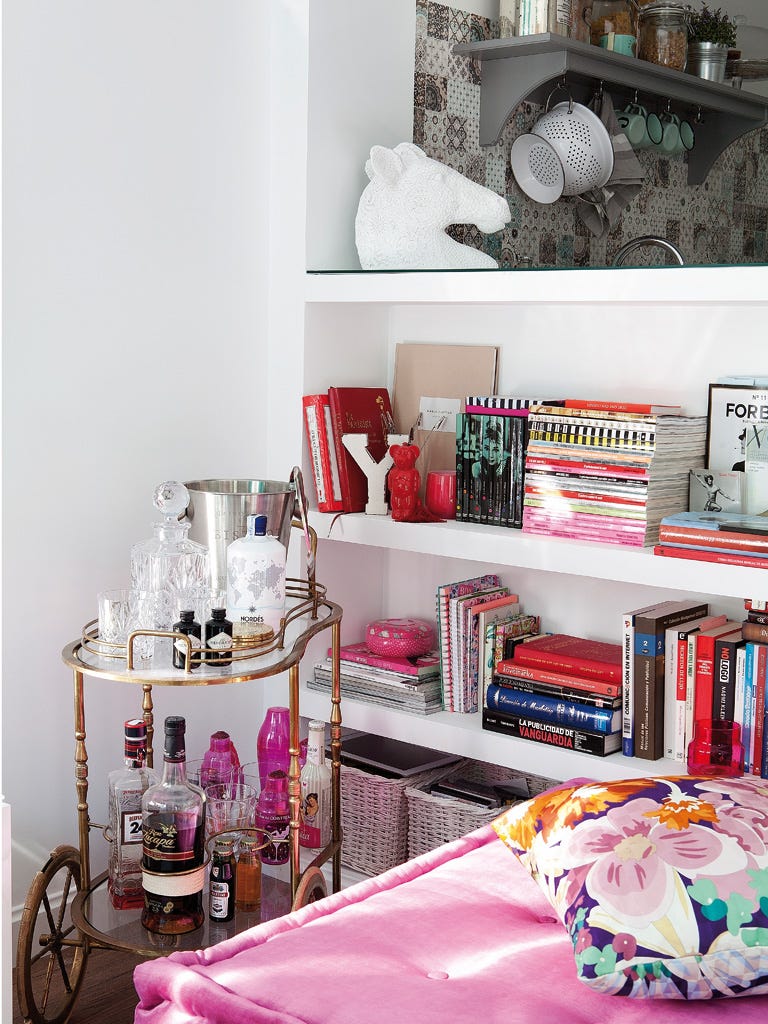 Pink, Shelf, Furniture, Room, Red, Interior design, Home, Shelving, Table, Bedroom, 