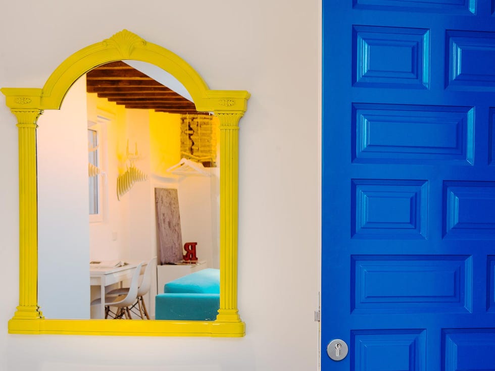 Blue, Yellow, Majorelle blue, Wall, Turquoise, Room, Architecture, Material property, House, Paint, 