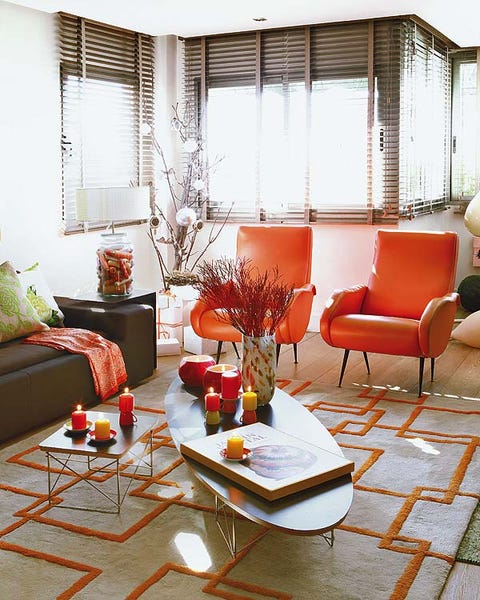 Room, Interior design, Furniture, Table, Interior design, Living room, Floor, Home, Orange, Couch, 