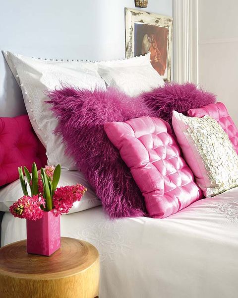 Room, Textile, Purple, Magenta, Pink, Pillow, Linens, Cushion, Throw pillow, Bedding, 