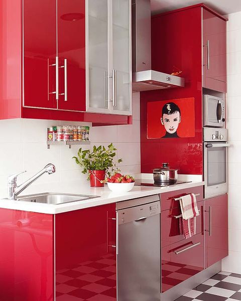 Room, Plumbing fixture, Red, Interior design, Floor, White, Tap, Kitchen, Major appliance, Countertop, 