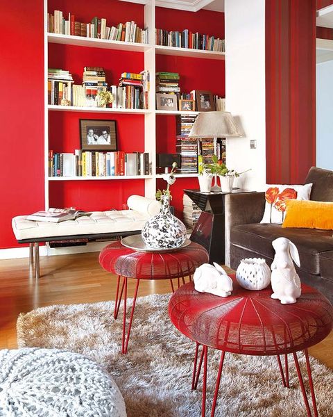 Interior design, Room, Red, Table, Furniture, Shelf, Shelving, Interior design, Collection, Home accessories, 