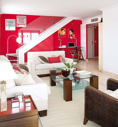 Room, Interior design, Red, Wall, Furniture, Couch, Floor, Living room, Home, Table, 