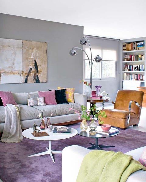 Room, Interior design, Green, Living room, Furniture, Wall, Home, Table, Couch, Purple, 