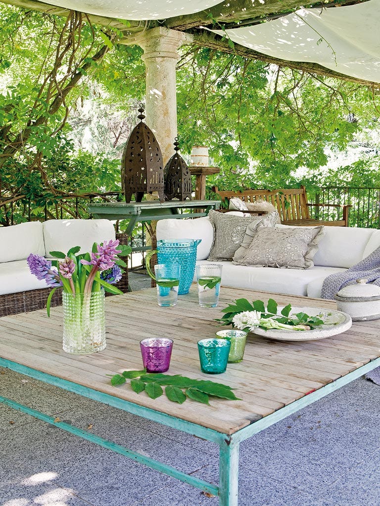 Green, Property, House, Table, Interior design, Room, Garden, Backyard, Building, Tree, 