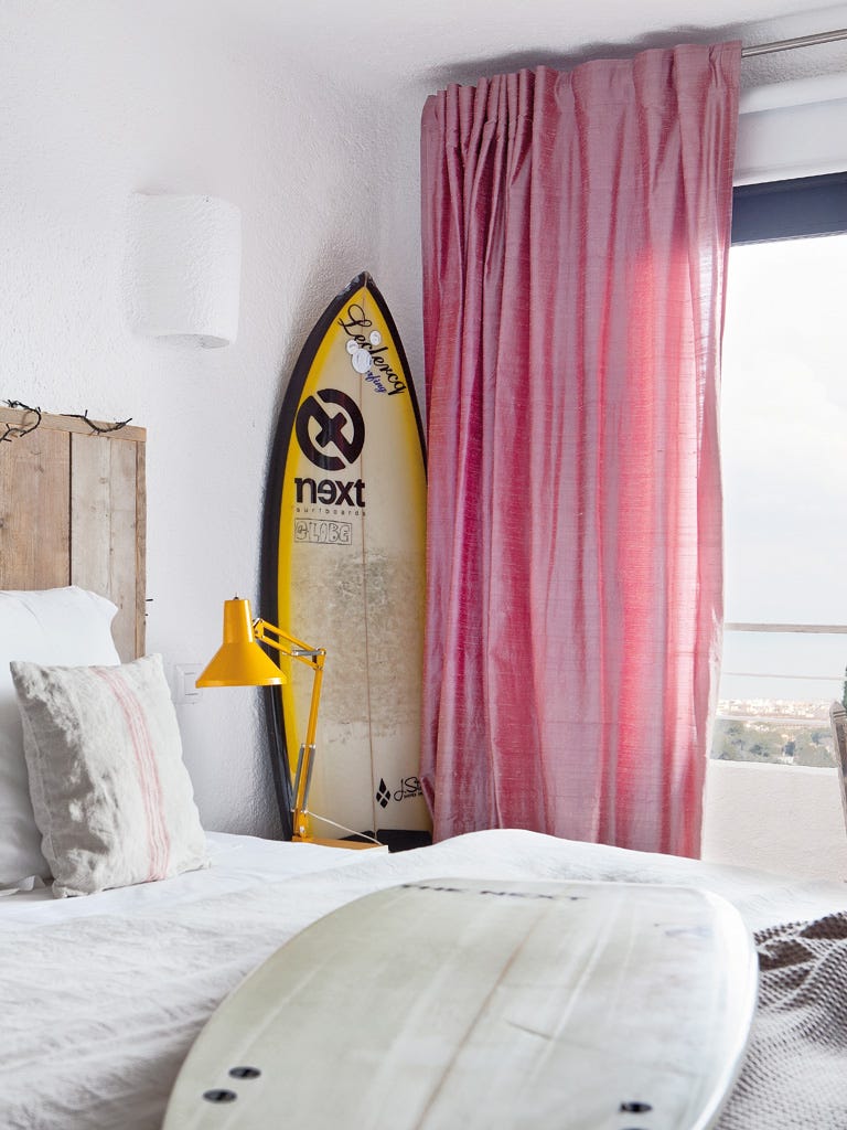 Surfboard, Surfing Equipment, Yellow, Room, Bedroom, Wall, Curtain, Furniture, Skimboarding, Interior design, 