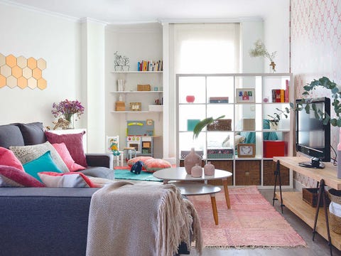 Room, Interior design, Furniture, Textile, Wall, Home, Living room, Interior design, Floor, Shelving, 