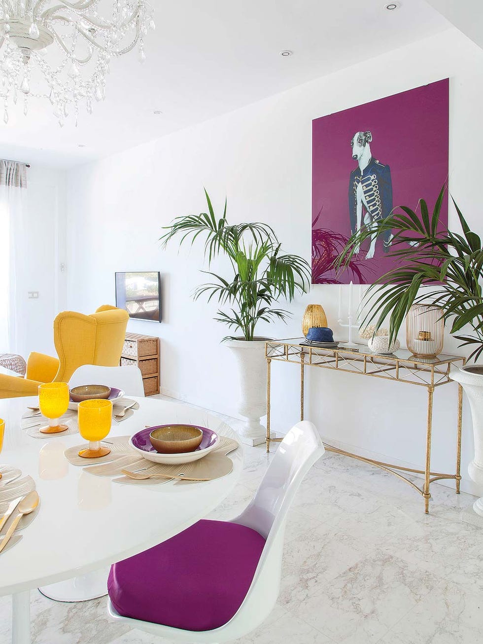 White, Interior design, Room, Yellow, Purple, Pink, Violet, Property, Furniture, Table, 