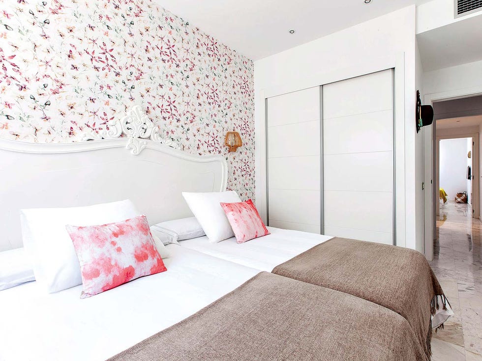 Bedroom, Room, Bed, Furniture, Property, Interior design, Wall, Bed sheet, Pink, Bed frame, 