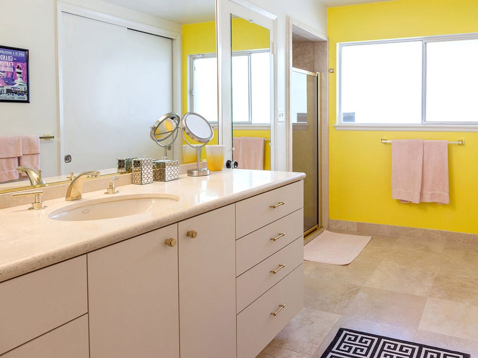 Plumbing fixture, Room, Lighting, Yellow, Interior design, Bathroom sink, Architecture, Tap, Property, Floor, 