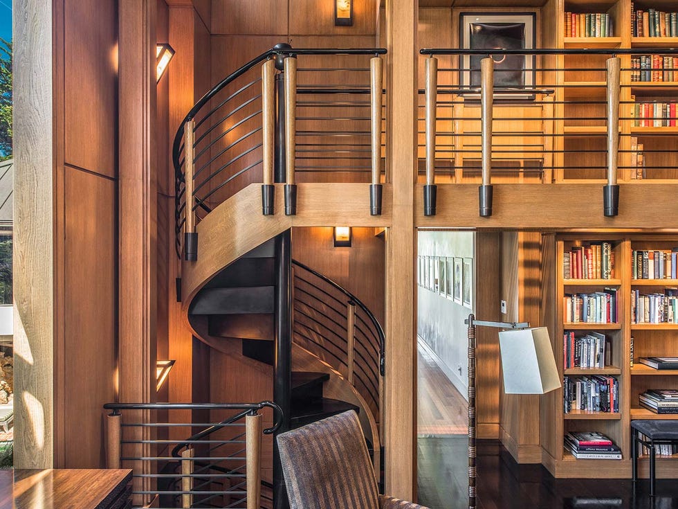 Stairs, Building, Furniture, Room, Bookcase, Shelving, Interior design, Architecture, Home, Lighting, 
