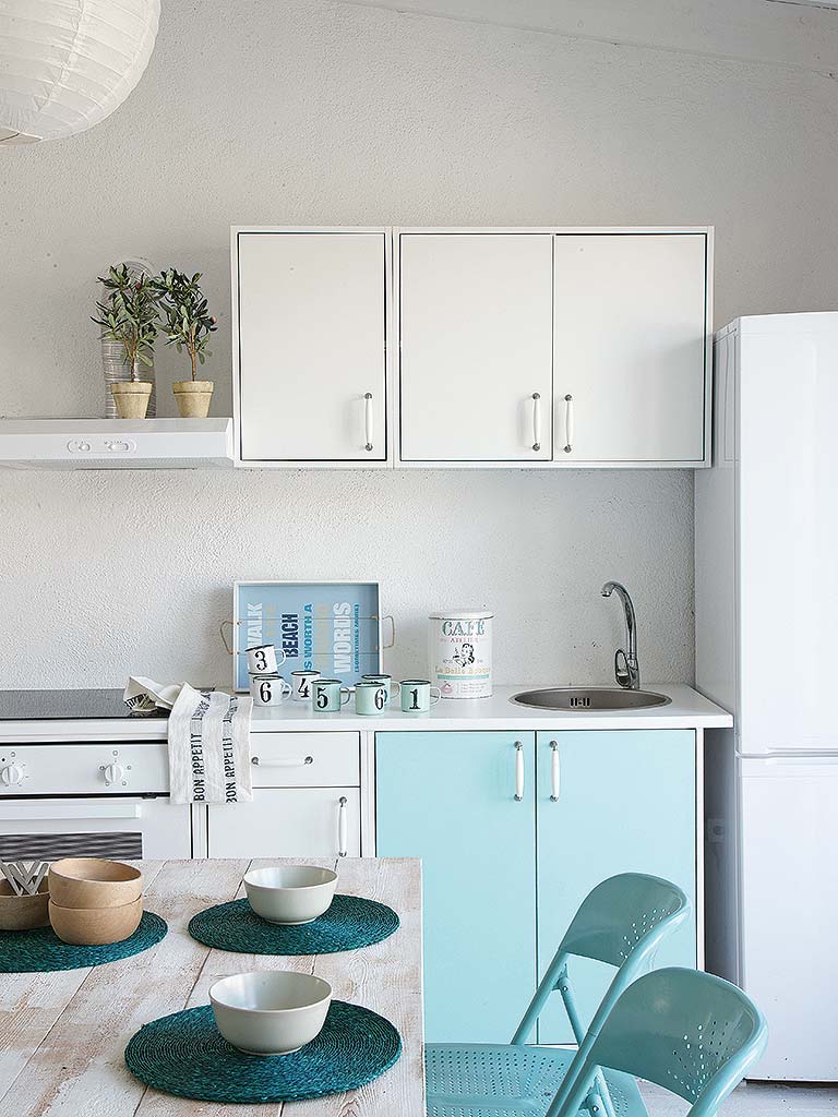 White, Room, Furniture, Interior design, Property, Kitchen, Turquoise, Cabinetry, Countertop, House, 