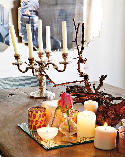 Lighting, Candle holder, Candle, Table, Wax, Interior design, Hanukkah, Twig, Flame, Menorah, 