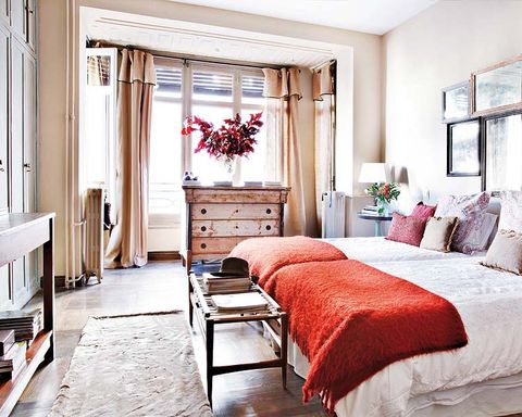 Room, Interior design, Lighting, Floor, Bed, Textile, Home, Red, Wall, Linens, 