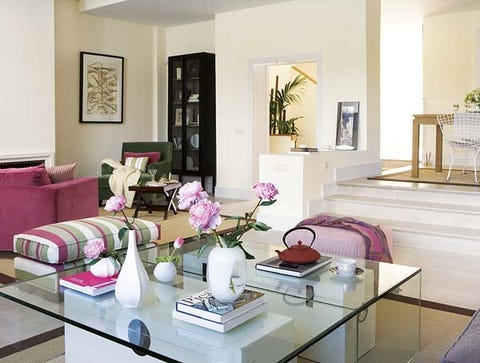 Room, Interior design, Living room, Table, Furniture, Home, Interior design, Purple, Wall, Floor, 