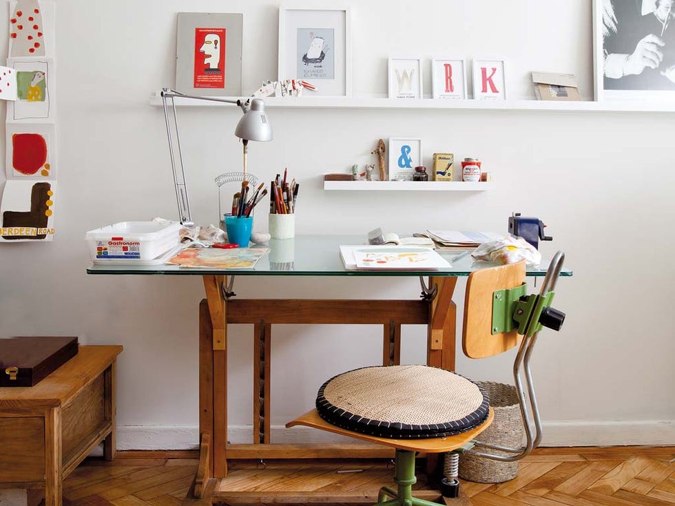 Furniture, Desk, Room, Table, Shelf, Computer desk, Interior design, Chair, Writing desk, Stool, 