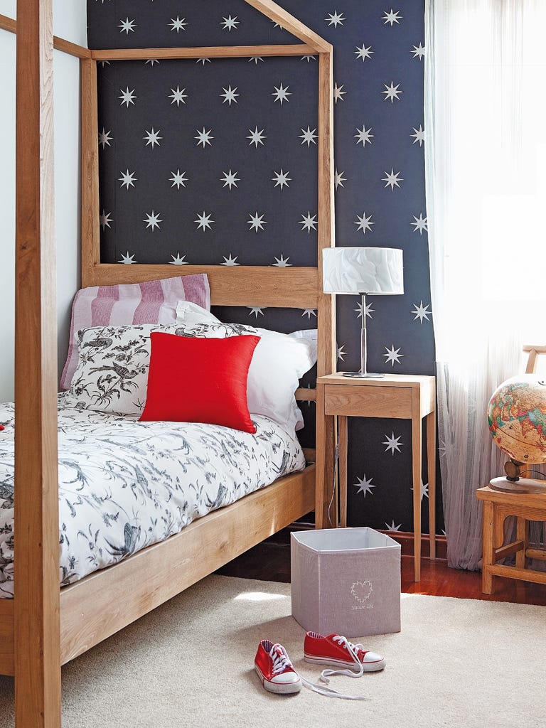 Furniture, Bedroom, Room, Bed, Red, Bed frame, Interior design, Chest of drawers, Wall, Wallpaper, 