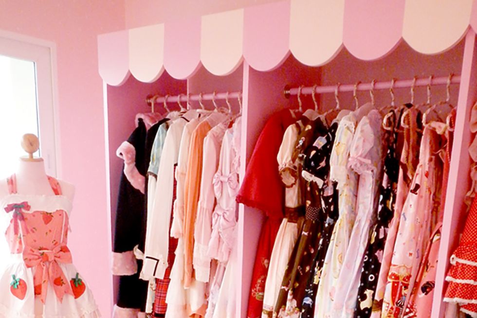Pink, Room, Boutique, Clothes hanger, Fashion, Closet, Furniture, Interior design, Dress, Peach, 