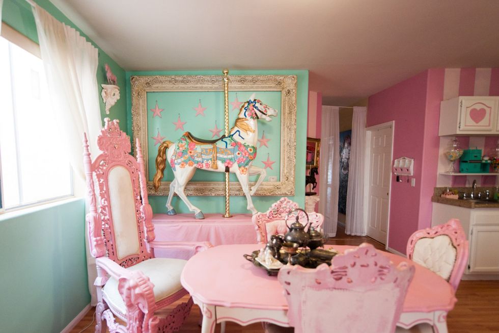 Room, Pink, Property, Furniture, Interior design, Dining room, Home, Living room, House, Floor, 