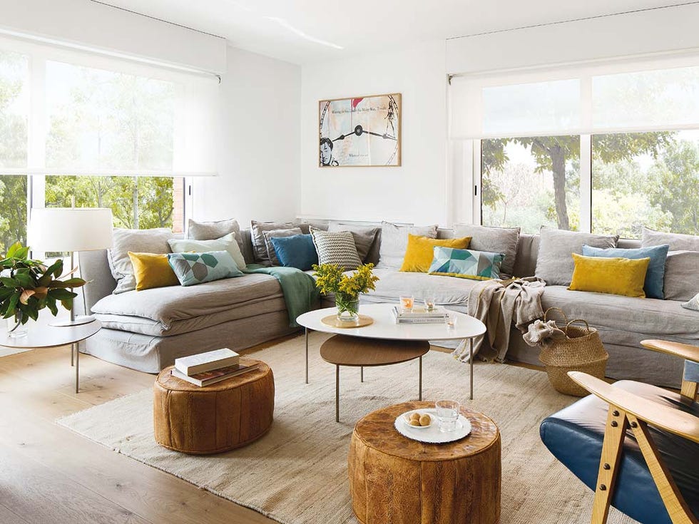 Living room, Room, Furniture, Interior design, Coffee table, Property, Home, Table, Yellow, House, 