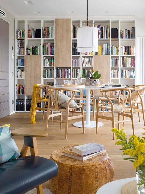 Furniture, Room, Living room, Interior design, Building, Yellow, Property, Table, Shelf, Shelving, 