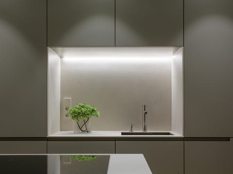 Room, Light, Interior design, Architecture, Lighting, Furniture, Glass, Floor, Line, Countertop, 