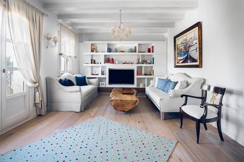 Room, Property, Blue, Furniture, Interior design, Living room, Floor, Building, House, Wall, 