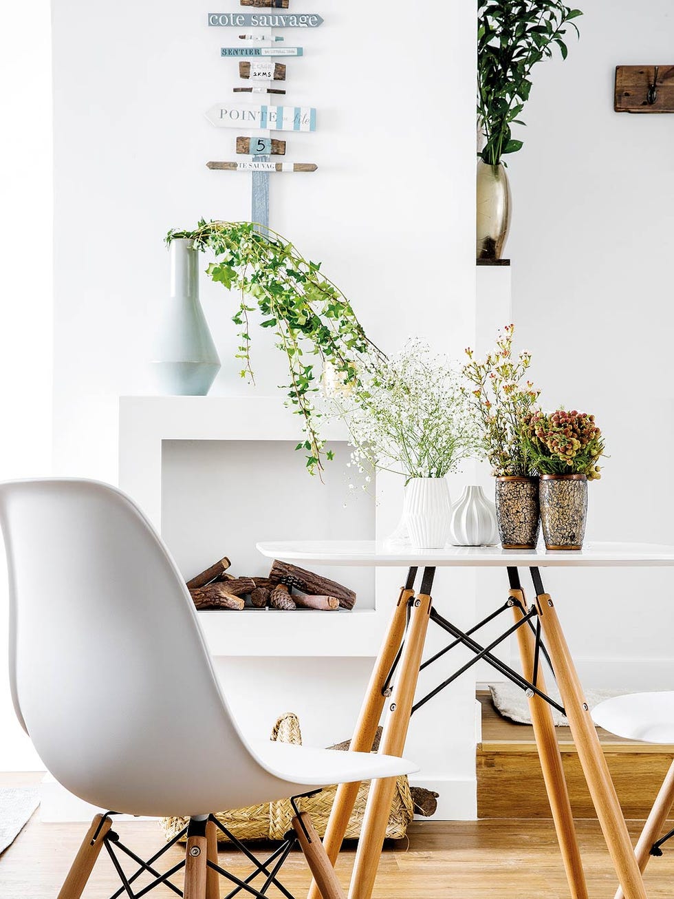 White, Furniture, Interior design, Room, Chair, Houseplant, Table, Branch, Design, Plant, 