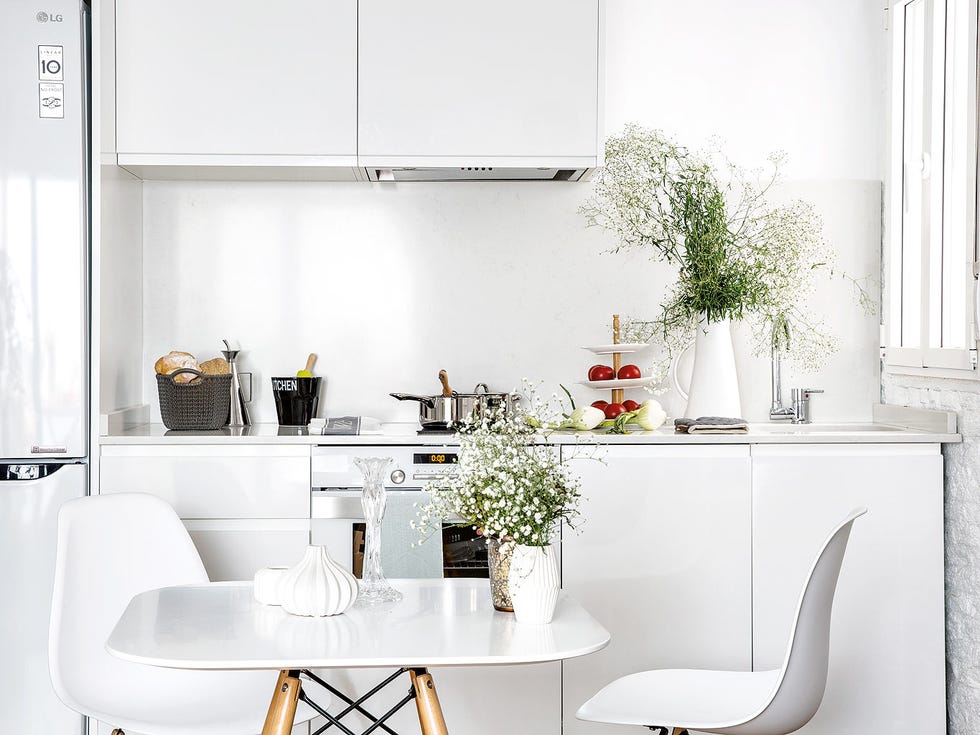 White, Room, Furniture, Interior design, Property, Table, Dining room, Kitchen, Black-and-white, Material property, 