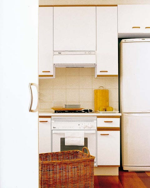 Room, Floor, Line, Flooring, Major appliance, Kitchen, Cabinetry, Fixture, Kitchen appliance, Material property, 