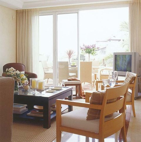 Room, Interior design, Furniture, Table, Glass, Interior design, Chair, Fixture, Window treatment, Hardwood, 