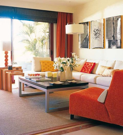 Interior design, Room, Floor, Flooring, Living room, Furniture, Table, Couch, Orange, Home, 