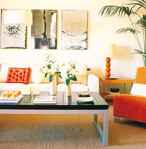 Room, Interior design, Furniture, Table, Wall, Orange, Interior design, Living room, Home accessories, Flowerpot, 